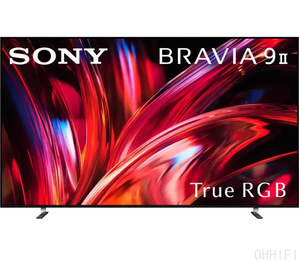 Sony Bravia 9 II True RGB Mini LED TV front view on two feet, screen showing a vivid red and blue abstract swirl