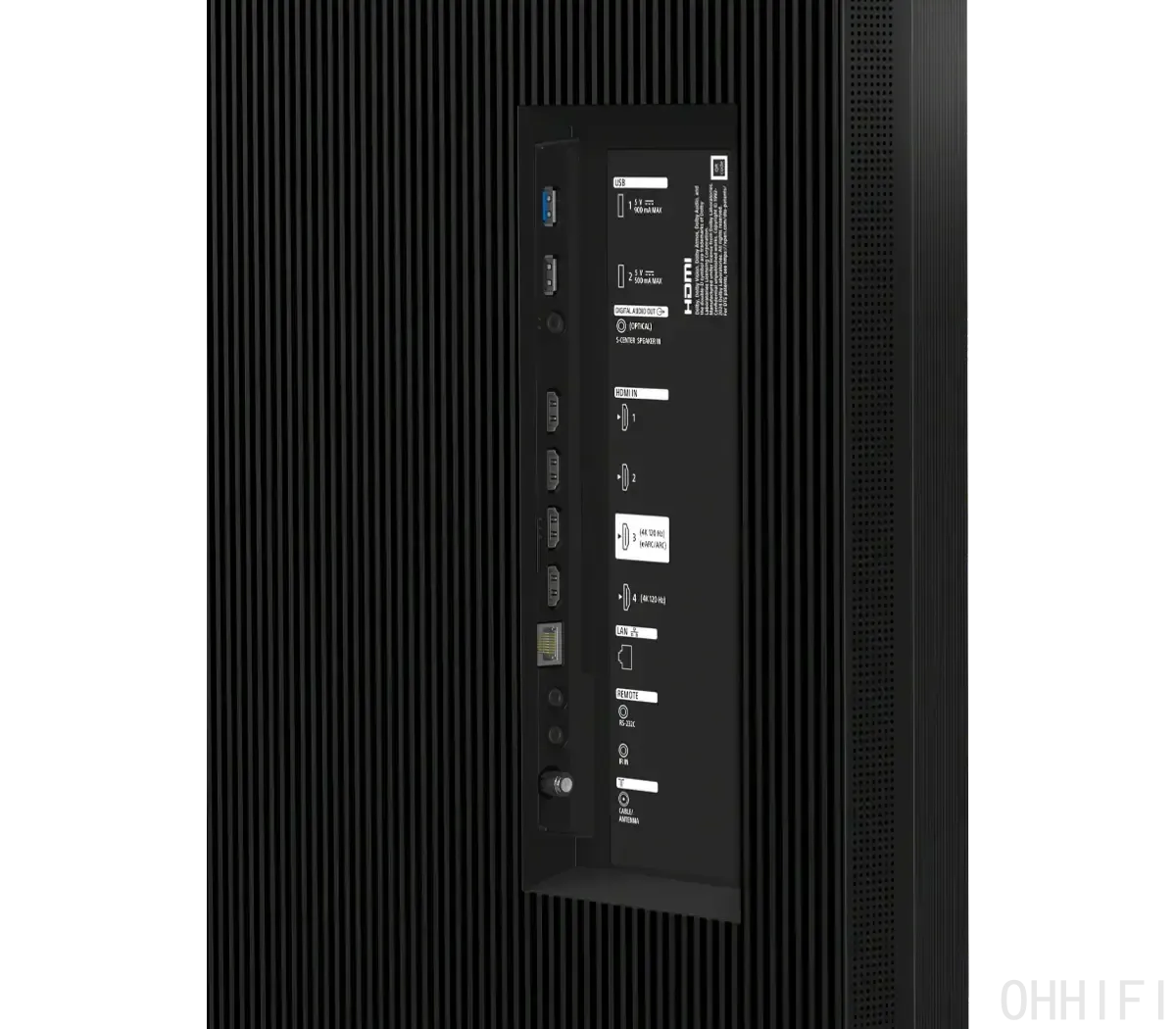 Close-up of the Sony Bravia 9 II input panel showing four HDMI ports, USB, optical audio out, LAN and antenna inputs