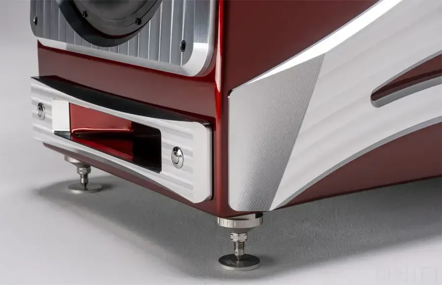 Wilson Audio Autobiography base in deep red with slot bass port and stainless steel spike feet.