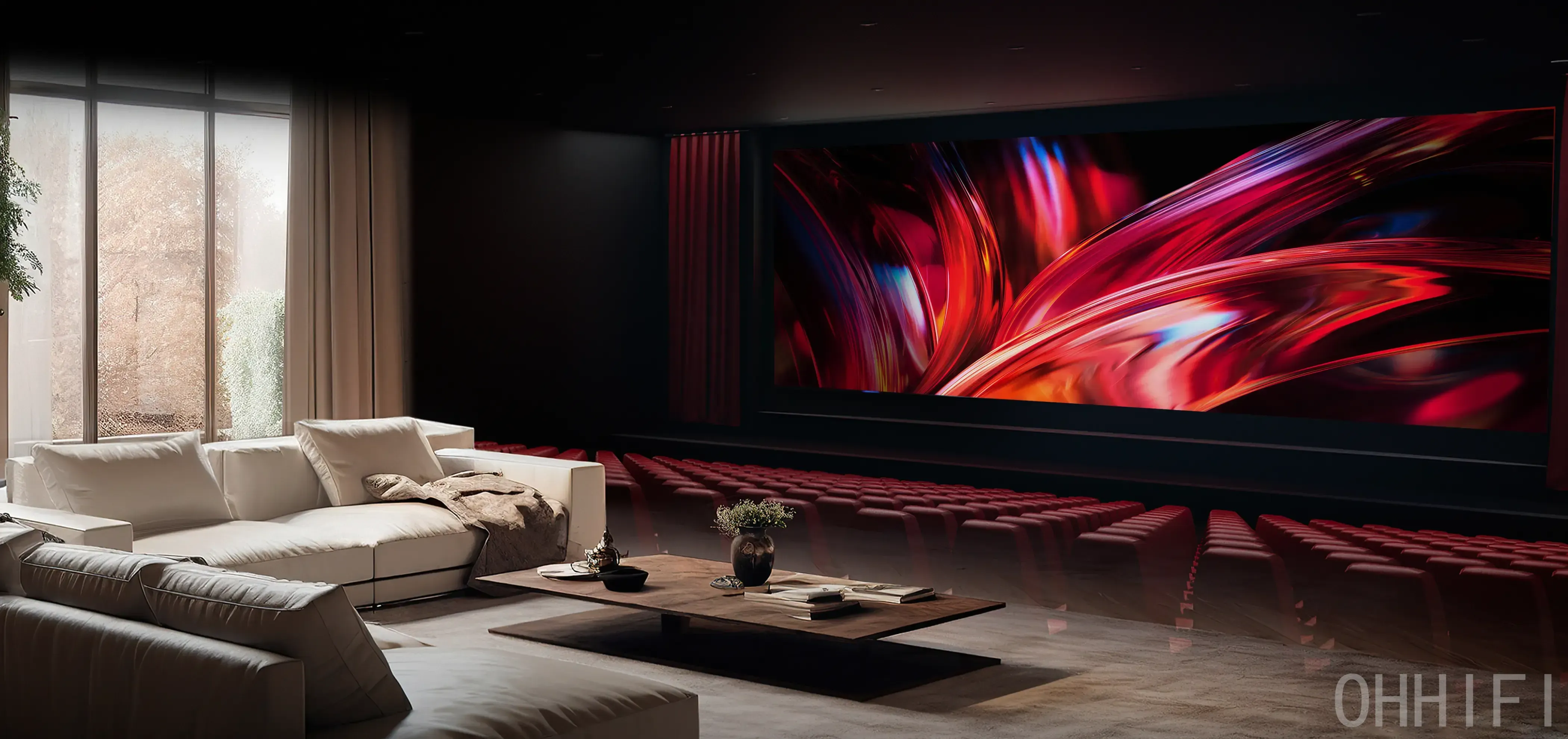 Sony Bravia 9 II in a dark home cinema showing a vivid red abstract image, with white sofas and rows of red seats