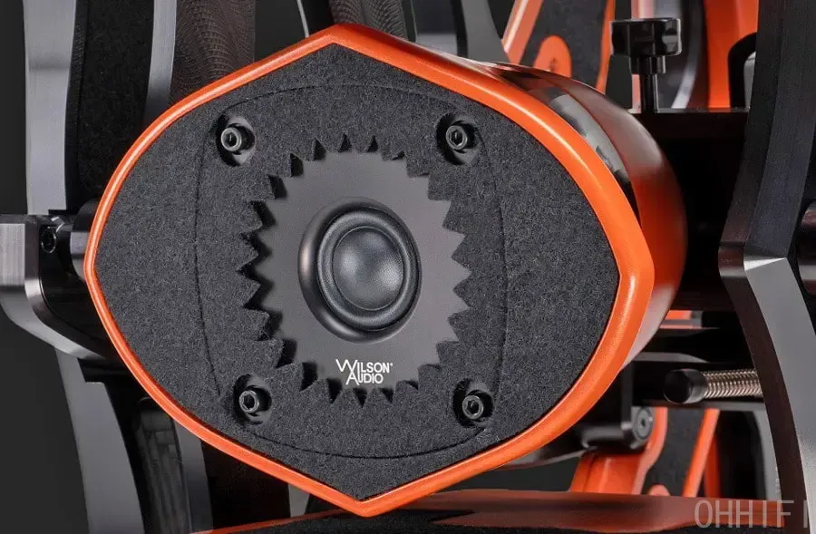Wilson Audio CSLS tweeter and dome diaphragm surrounded by acoustic damping material on the Autobiography loudspeaker baffle.