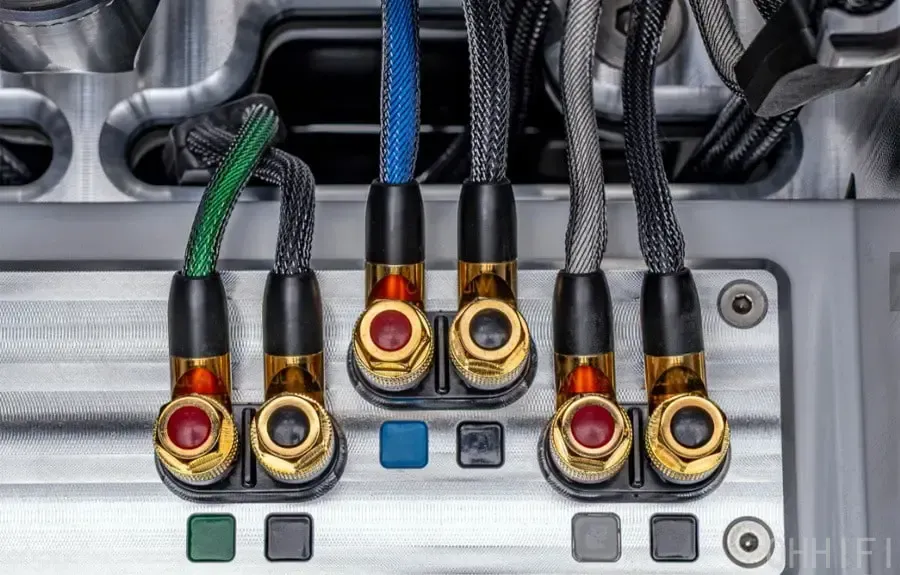 Wilson Audio Autobiography binding posts with gold spade connectors and color-coded braided cables.
