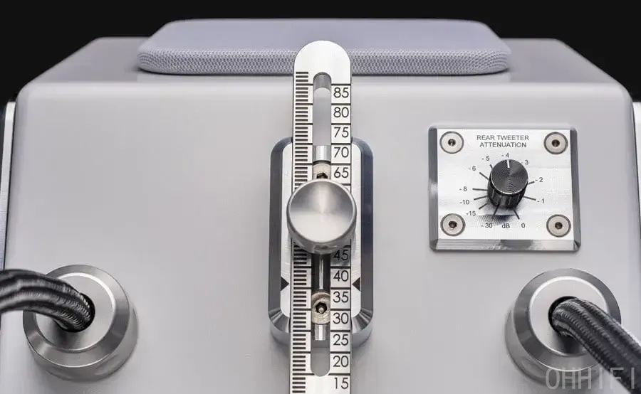 Wilson Audio Autobiography rear panel: module alignment sled with scale and rear tweeter attenuation dial.