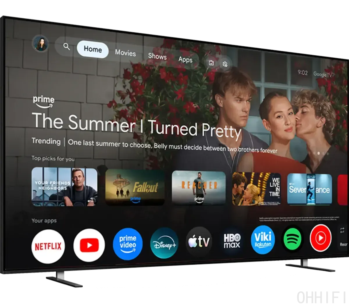 Sony Bravia 9 II at an angle showing the Google TV home screen with streaming apps like Netflix and Prime Video