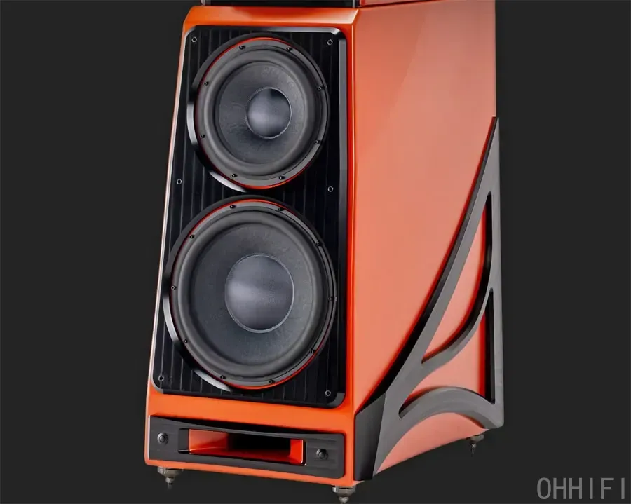Wilson Audio Autobiography orange woofer section with 12-inch and 15-inch drivers.