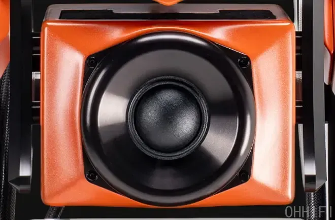 Wilson Audio 2-inch MID driver in an orange enclosure, part of the Autobiography loudspeaker's MTM array