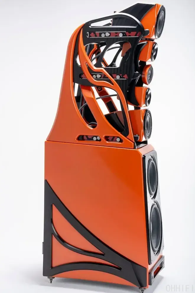 Wilson Audio Autobiography orange speaker showing the sculptural gantry and multiple driver modules.
