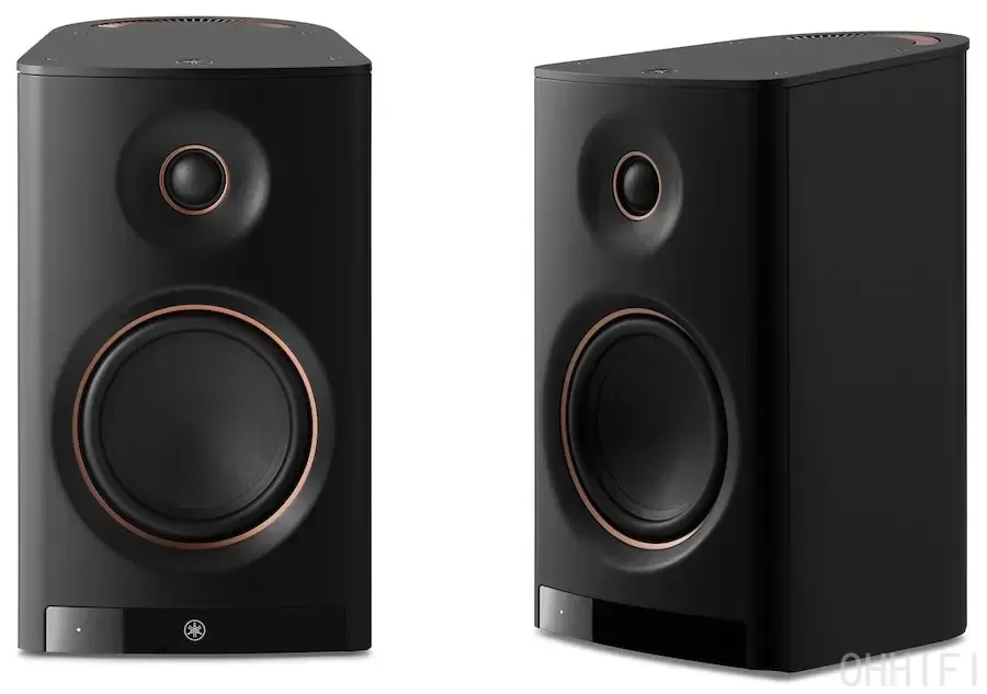Pair of black Yamaha NX-70A active speakers showing 5.25-inch woofers and dome tweeters with copper trim rings