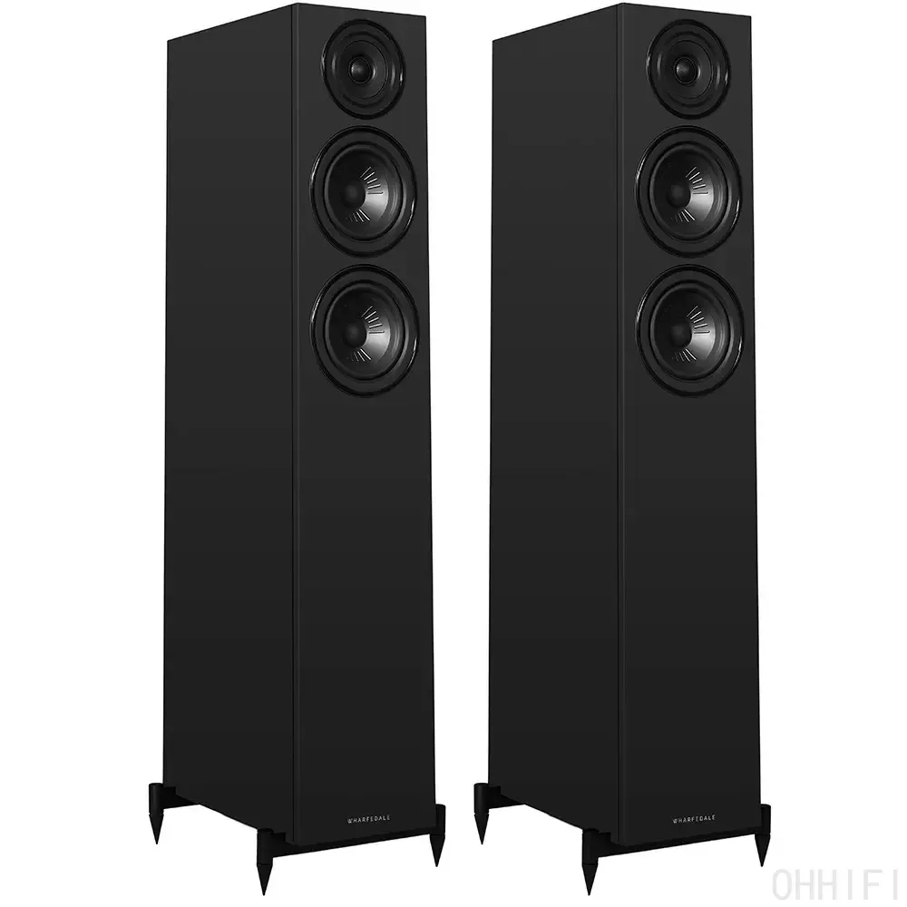 Pair of black gloss Wharfedale Diamond 12.3i floorstanding speakers on plinth feet, front view on white background