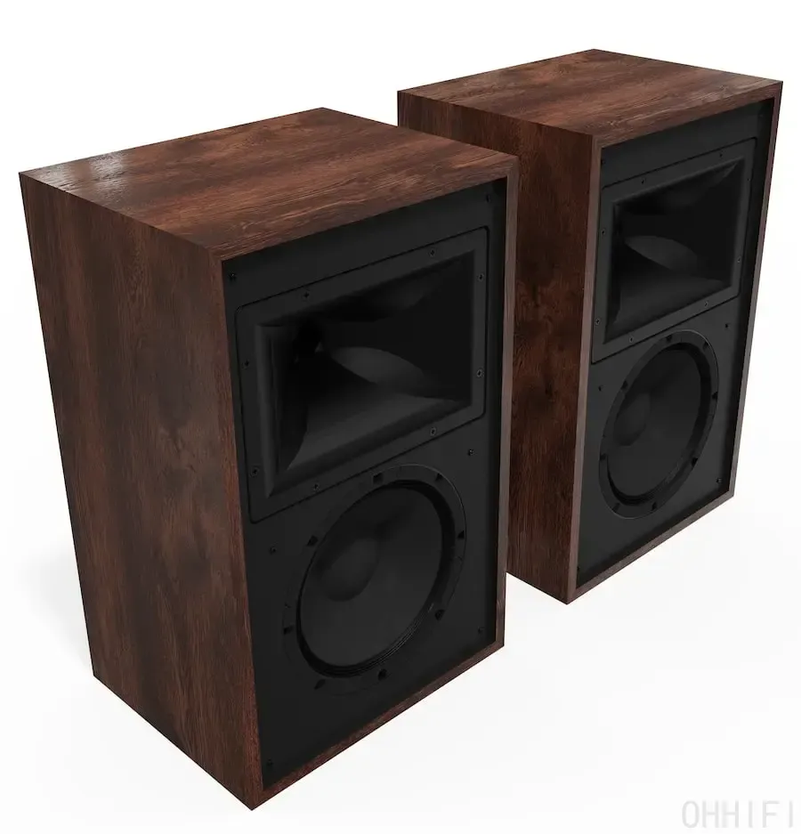 air of Klipsch Rebellion bookshelf speakers in wood veneer with grilles removed, angled three-quarter view showing the cabinet sides and Tractrix horn tweeter