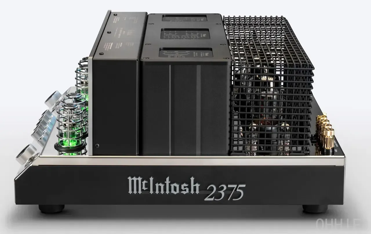 Side profile of the McIntosh MA2375 tube integrated amplifier showing its transformer covers and caged KT88 output tubes