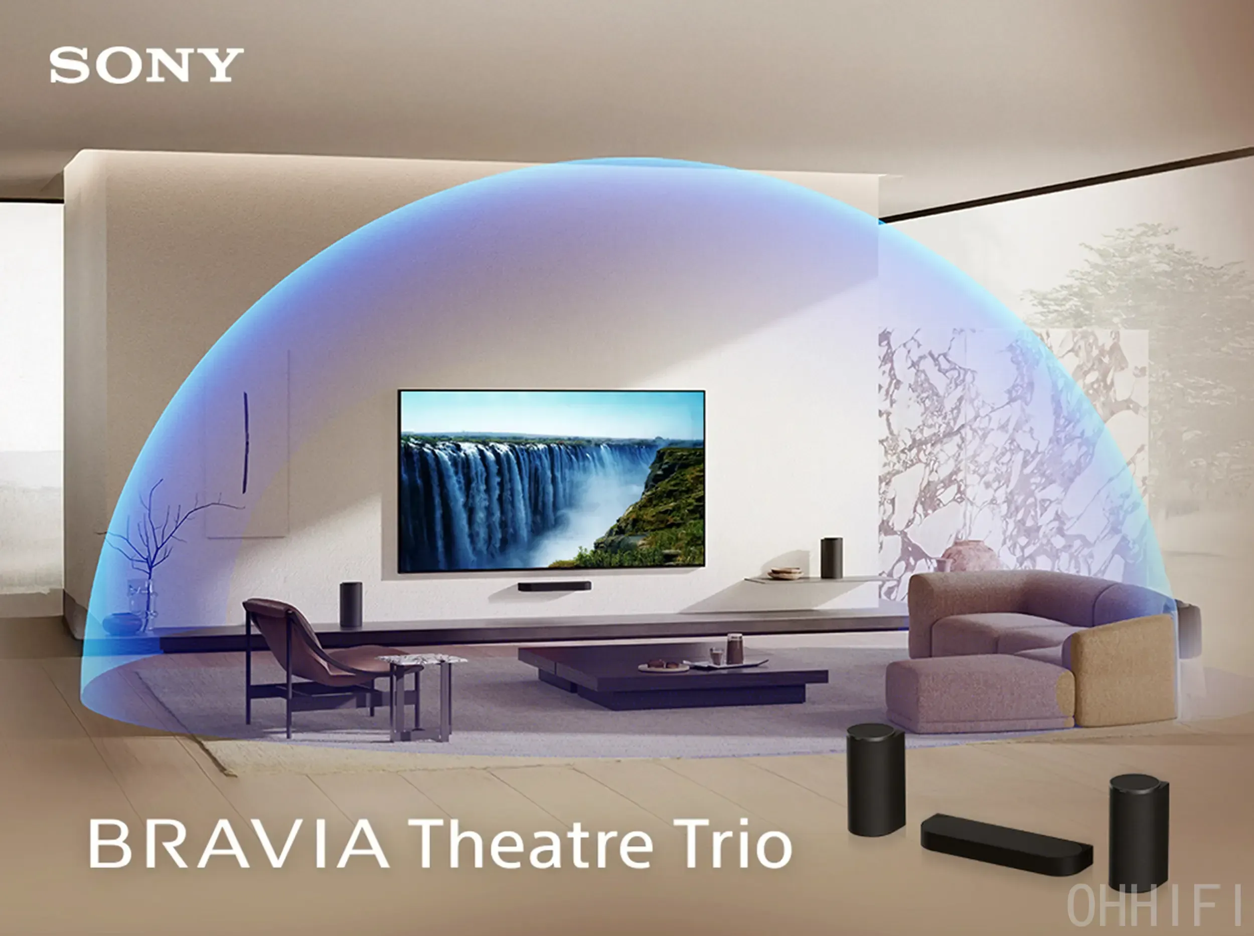 Sony Bravia Theatre Trio promotional image showing a living room with a blue dome graphic illustrating surround sound coverage, plus a product shot of the three speakers.