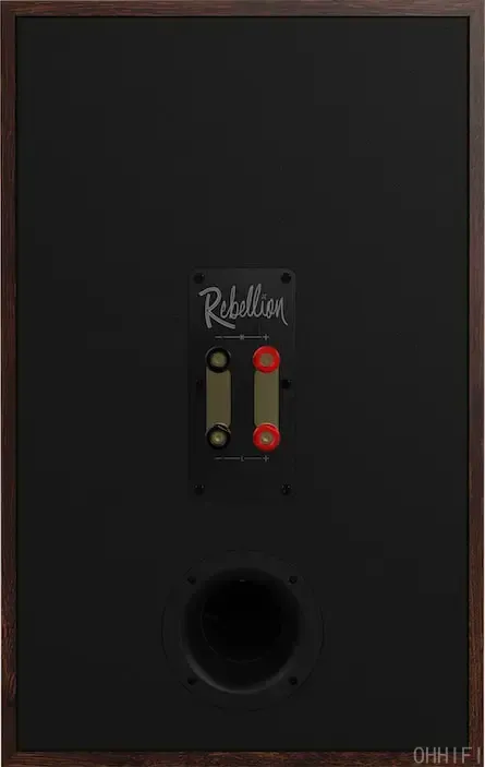 Rear of the Klipsch Rebellion bookshelf speaker showing the Rebellion-branded binding post terminal plate and rear port