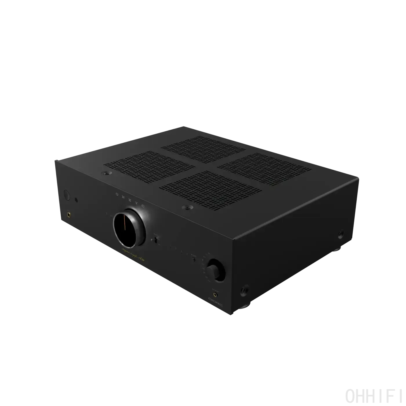 Black Onkyo Icon A-50 amplifier viewed from above, showing the ventilated top panel and front volume dial