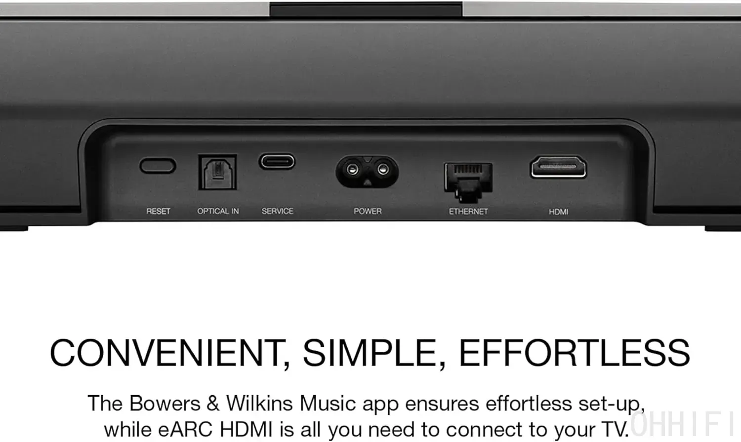 Rear connection panel of the Bowers & Wilkins Panorama 3 soundbar showing reset, optical in, USB-C service, power, Ethernet and HDMI eARC ports.