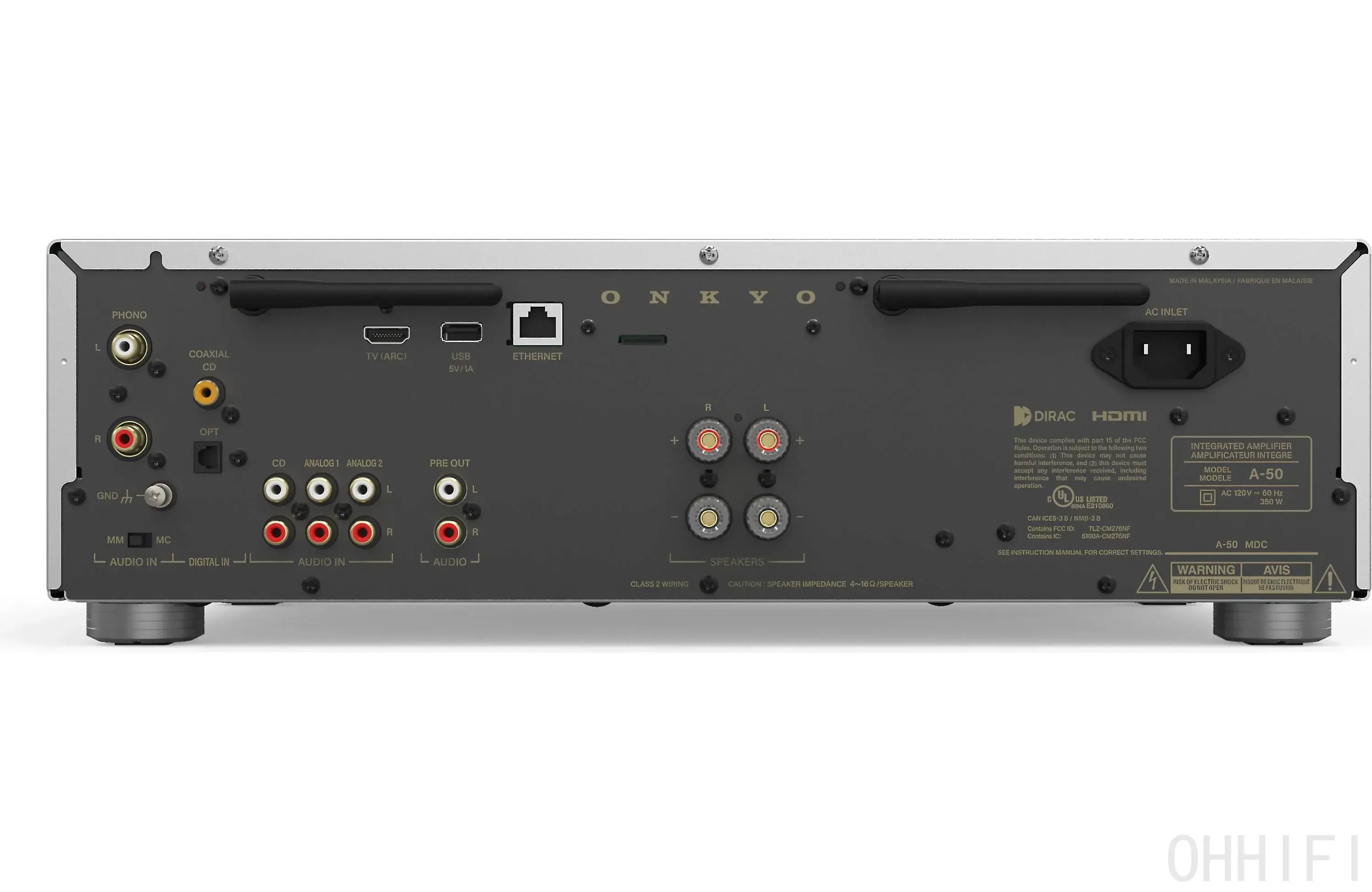 Onkyo Icon A-50 rear panel with MM/MC phono, three RCA inputs, HDMI ARC, USB, Ethernet and speaker binding posts