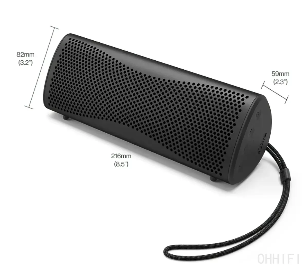 KEF Muo portable Bluetooth speaker dimensions diagram in Midnight Black showing 216 x 82 x 59mm (8.5 x 3.2 x 2.3in), with rear power, Bluetooth and volume buttons plus braided wrist strap.
