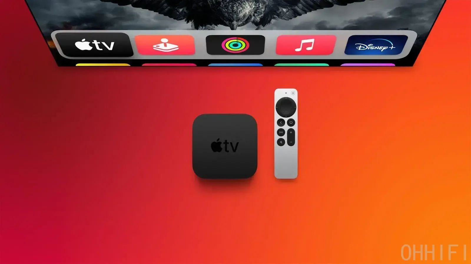 Apple TV 4K box and Siri Remote on an orange background beneath a TV showing the tvOS app row — devices getting tvOS 27
