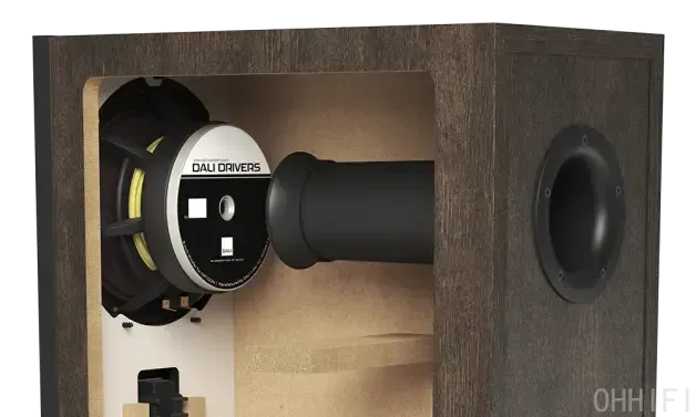 Cutaway of the DALI Opticon 8 MK2 showing a wood-fibre woofer, internal port tube and bracing inside the cabinet.