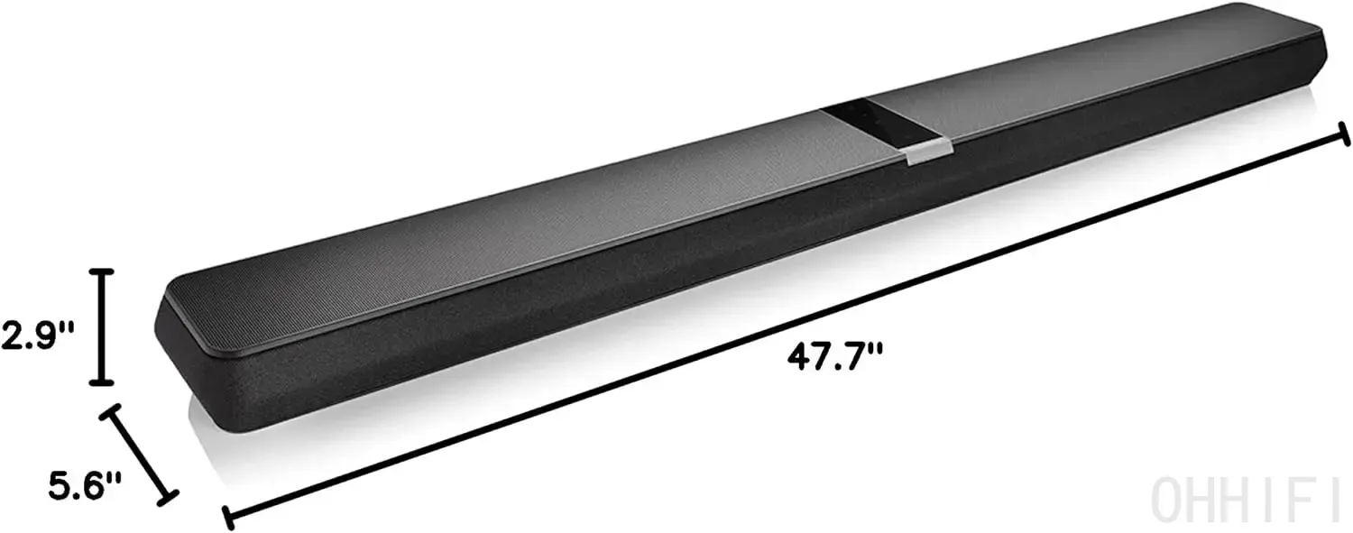 Dimensions diagram of the Bowers & Wilkins Panorama 3 soundbar: 47.7 inches wide, 2.9 inches tall and 5.6 inches deep.