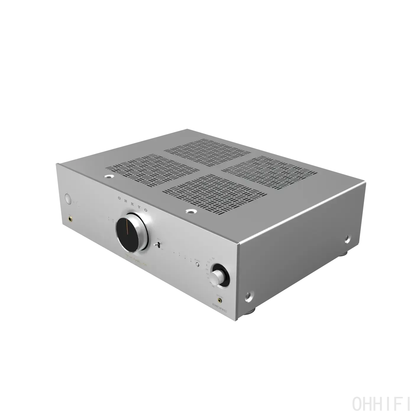 Silver Onkyo Icon A-50 amplifier viewed from above, showing the ventilated top panel and front volume dial