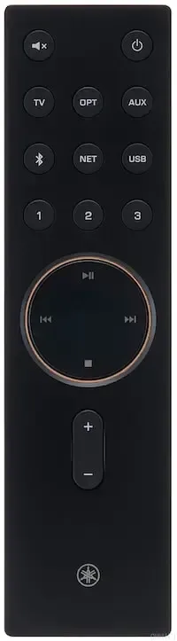 Yamaha NX-70A remote control in black with input buttons for TV, optical, aux, Bluetooth, network and USB sources