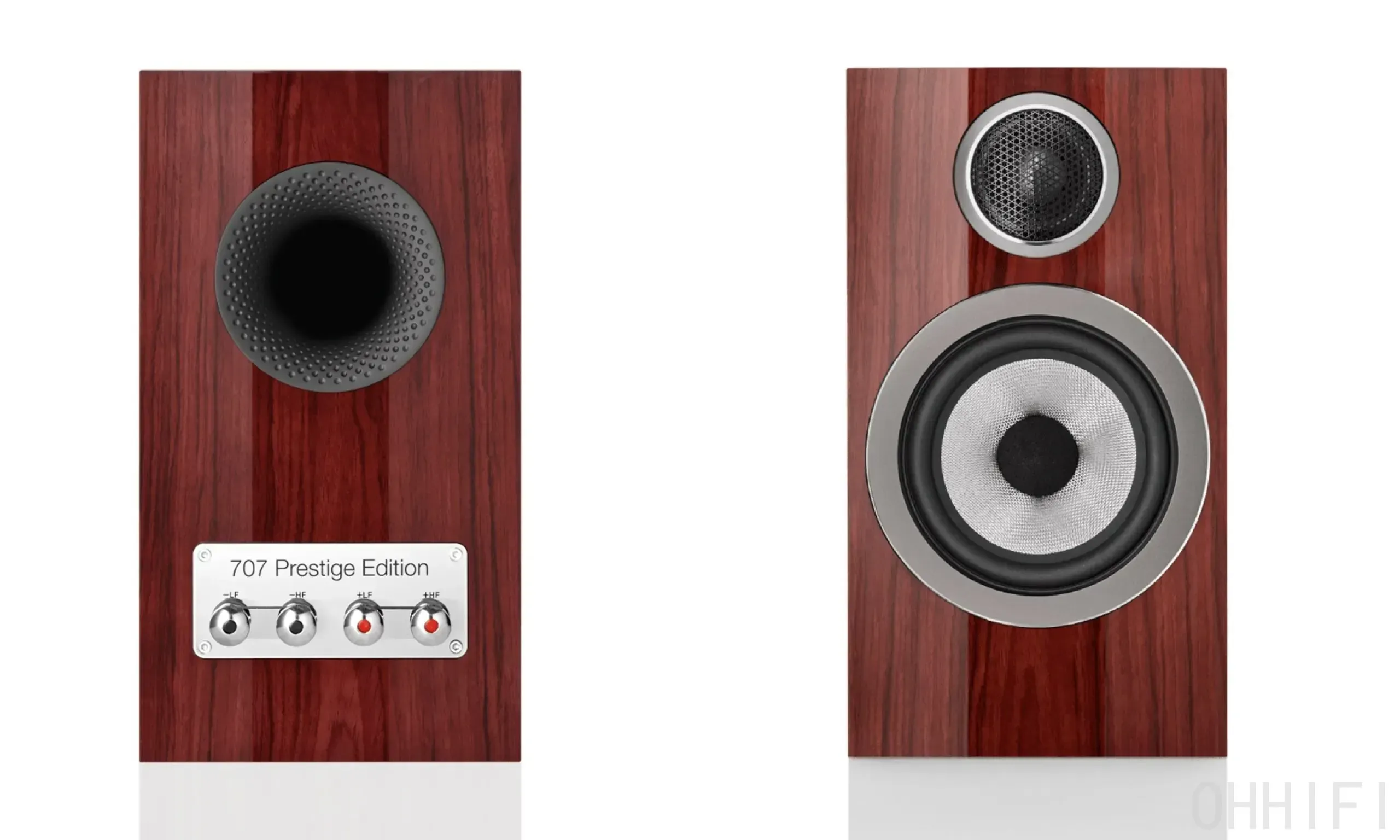 B&W 707 Prestige Edition front and rear in Santos Gloss: drivers, dimpled Flowport and engraved bi-wire terminal plate.