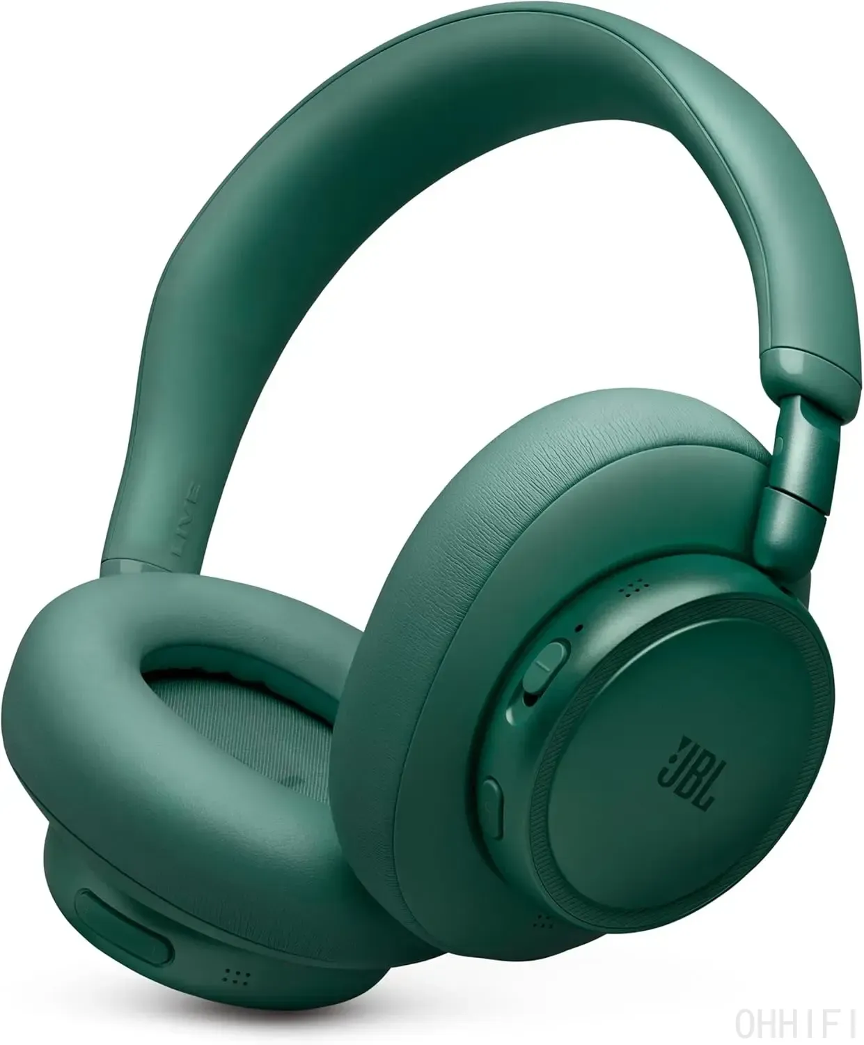 JBL Live 780NC wireless headphones in green, three-quarter view on a white background showing the earcup controls and mics.