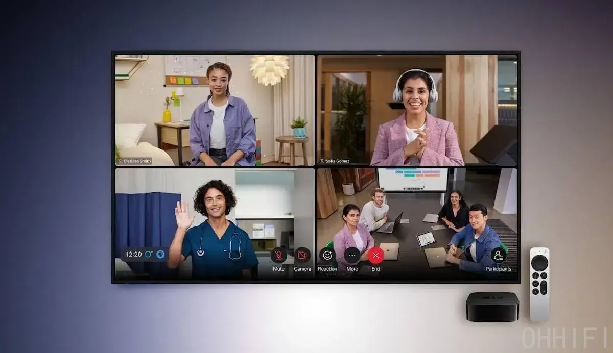 Apple TV 4K with Siri Remote below a wall-mounted TV showing a four-person video call, highlighting tvOS video conferencing