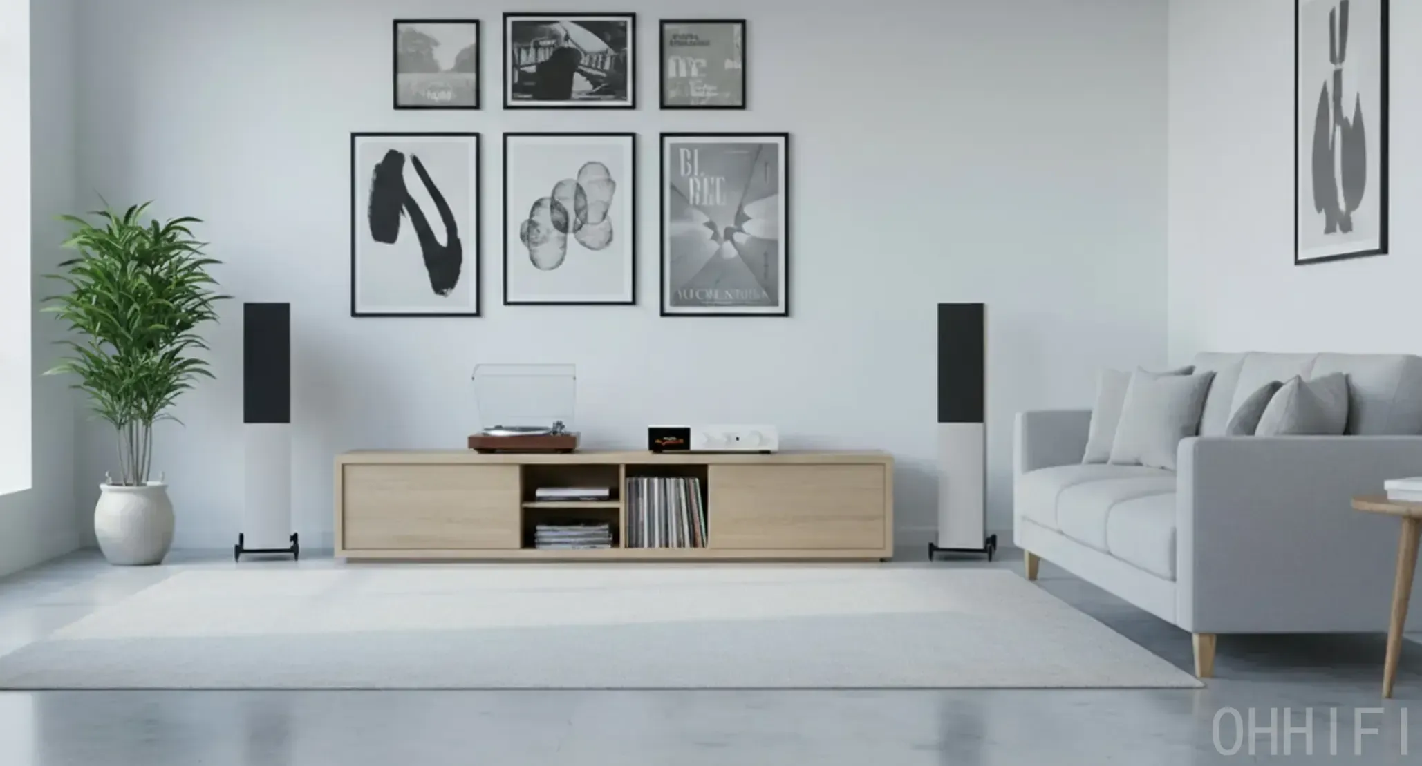 White Wharfedale Diamond 12.3i floorstanders flanking a vinyl turntable and amp in a bright minimalist living room