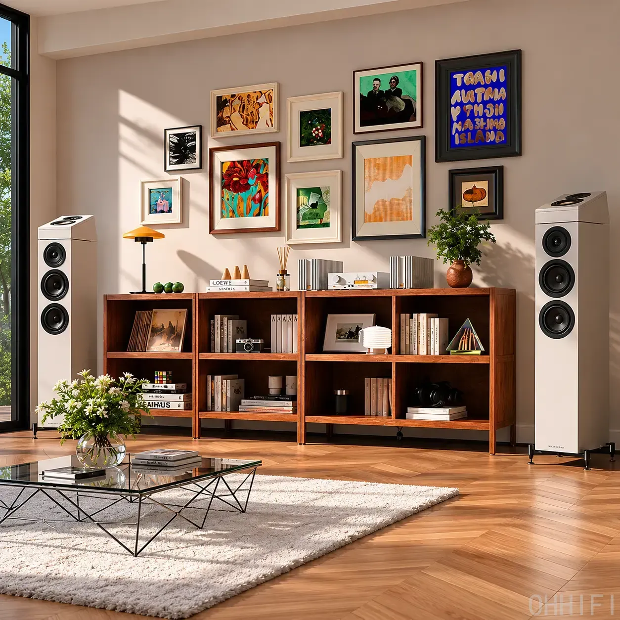 Pair of white Wharfedale floorstanding speakers in a modern living room with vinyl shelving and framed art