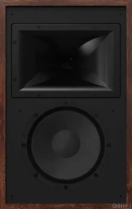 Klipsch Rebellion bookshelf speaker in wood veneer with grille removed, showing the square Tractrix horn tweeter above the woofer