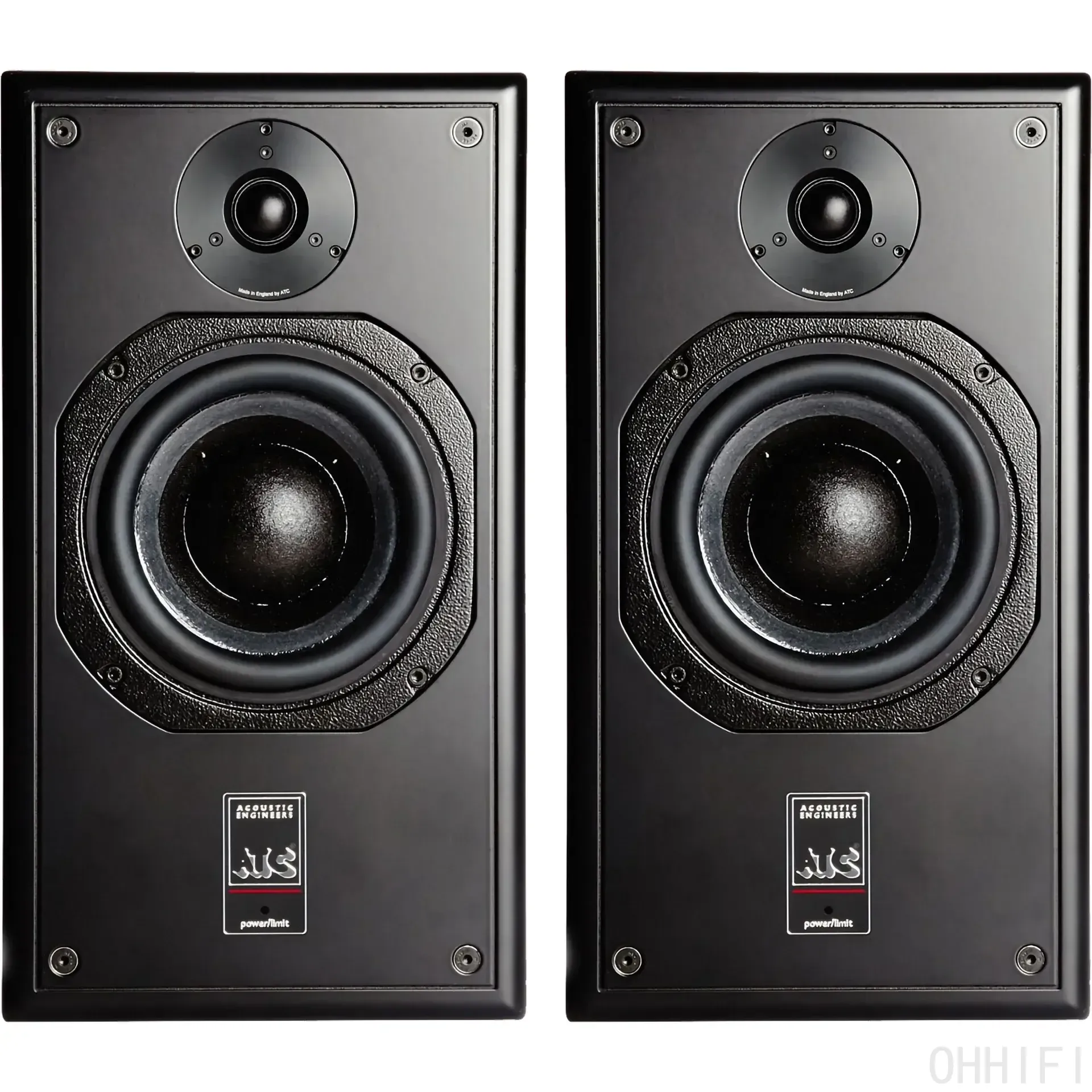 Pair of ATC SCM20ASL active monitors in black, front view, grilles off, showing soft dome tweeter above mid/bass driver.