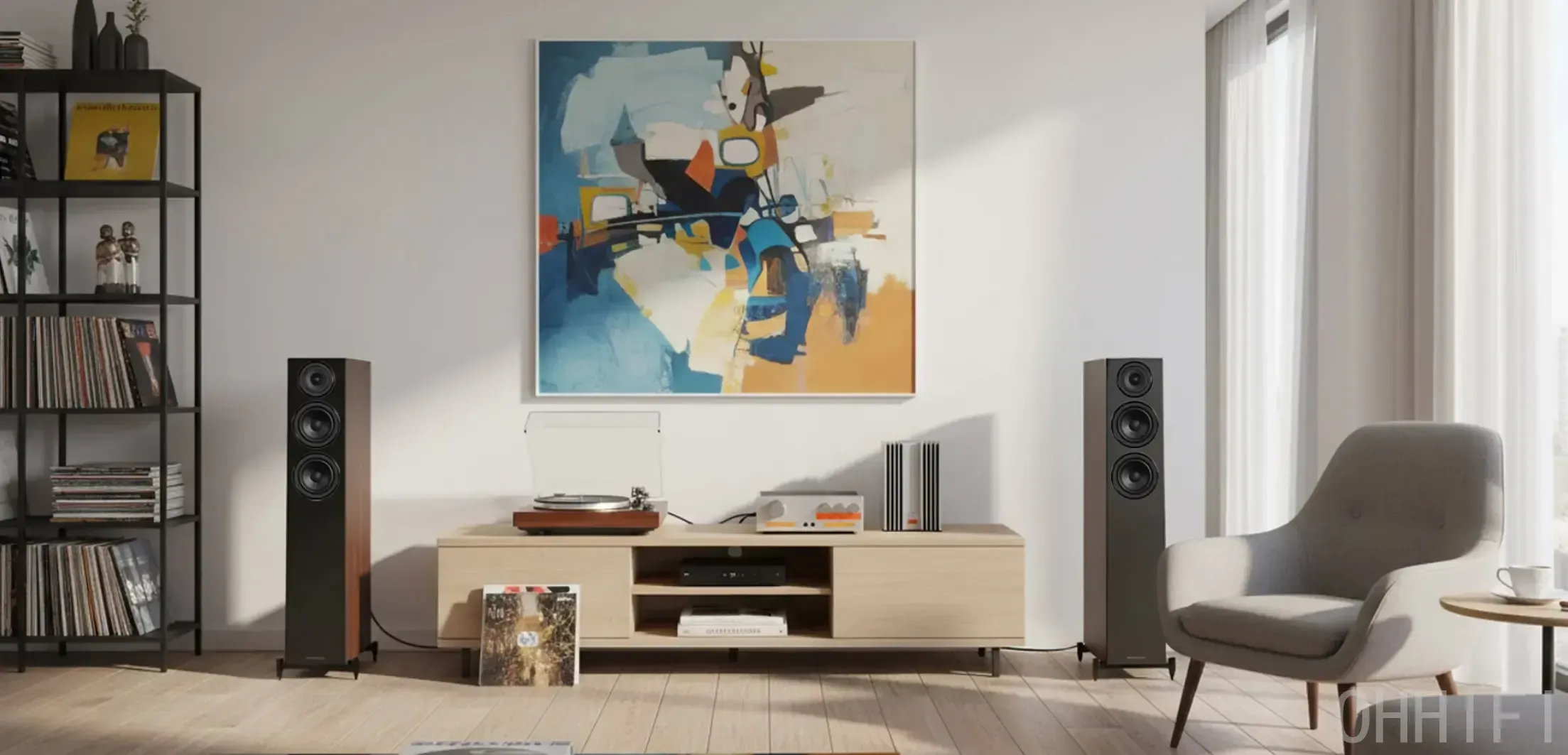 Walnut Wharfedale Diamond 12.3i floorstanders flanking a vinyl turntable and stereo amp in a bright living room