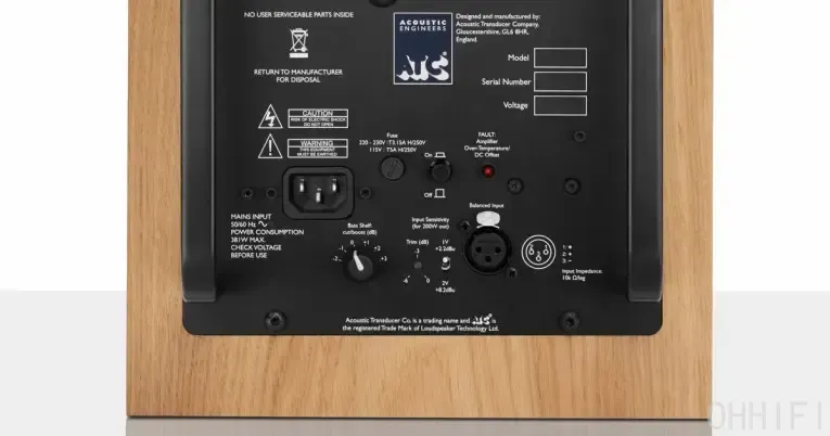Rear amp panel of the ATC SCM20ASL showing IEC mains input, on/off switch, balanced XLR input, bass and input-sensitivity dials.