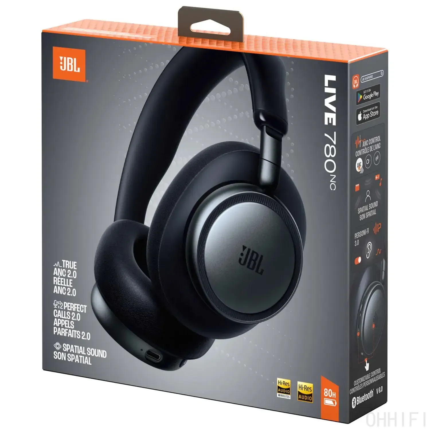 Retail box packaging for the JBL Live 780NC wireless headphones in black, showing the product and feature icons.
