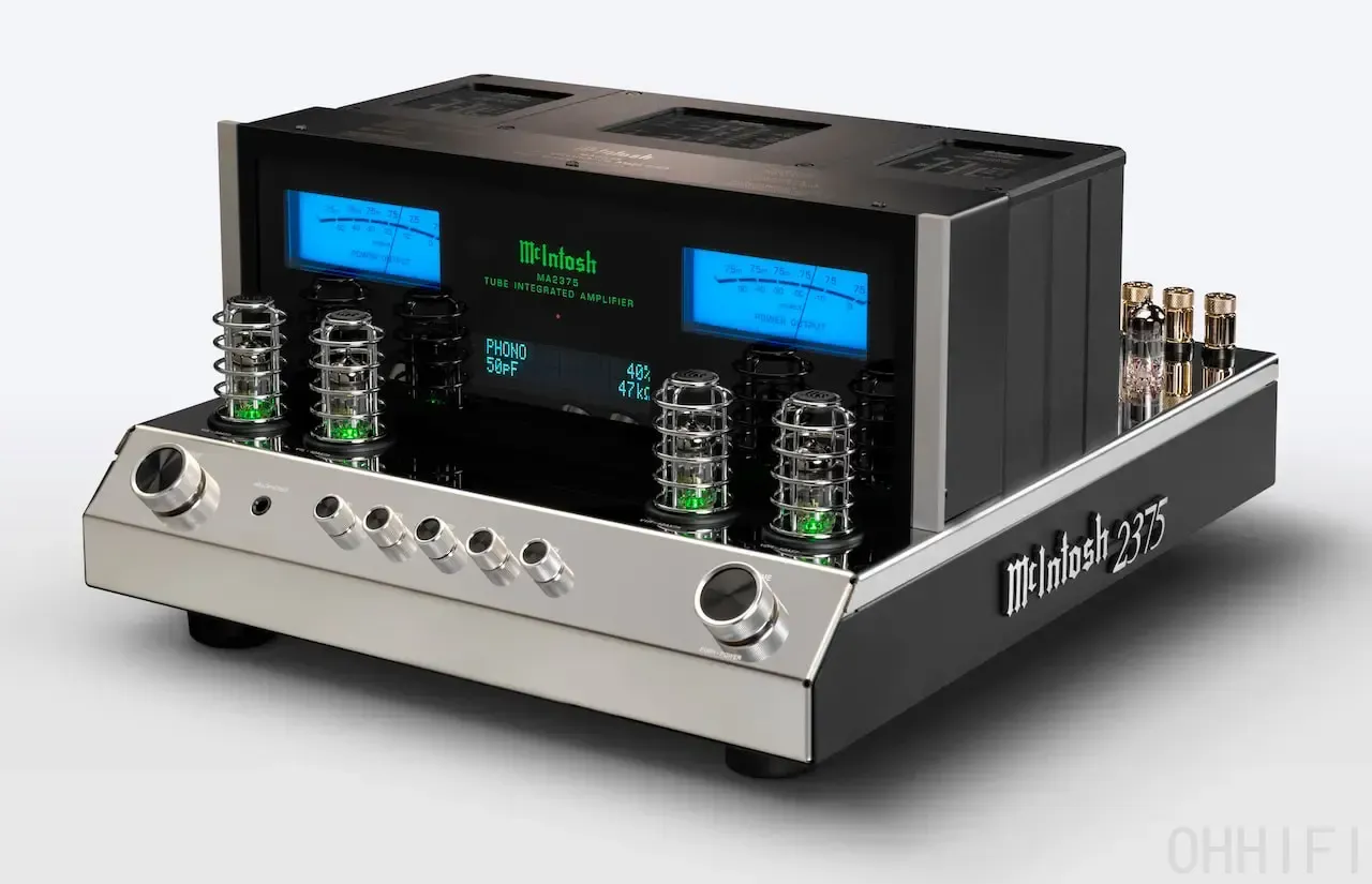 McIntosh MA2375 vacuum tube integrated amplifier front angle with KT88 tubes, twin blue watt meters and phono input display
