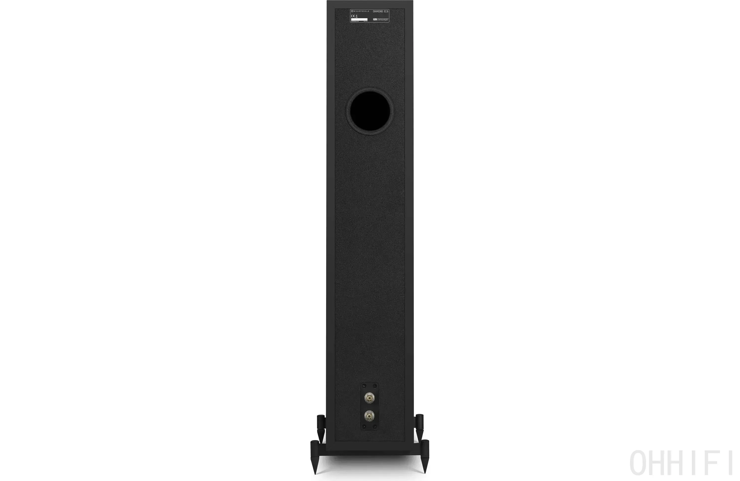 Rear of black Wharfedale Diamond 12.3i floorstanding speaker showing the bass reflex port and single-wire binding posts