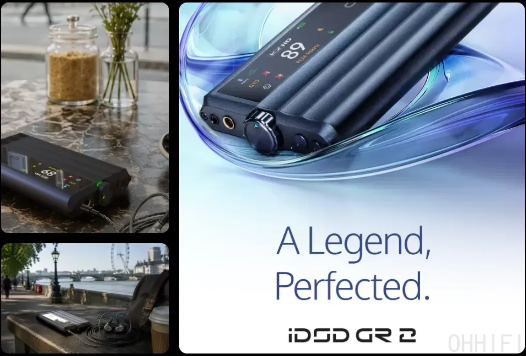 iFi iDSD GR 2 promo collage with product close-ups, London riverside scene and the slogan "A Legend, Perfected."