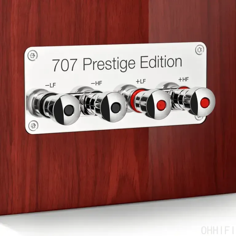 B&W 707 Prestige Edition rear terminals: chrome bi-wire binding posts on an engraved plate, Santos Gloss cabinet.