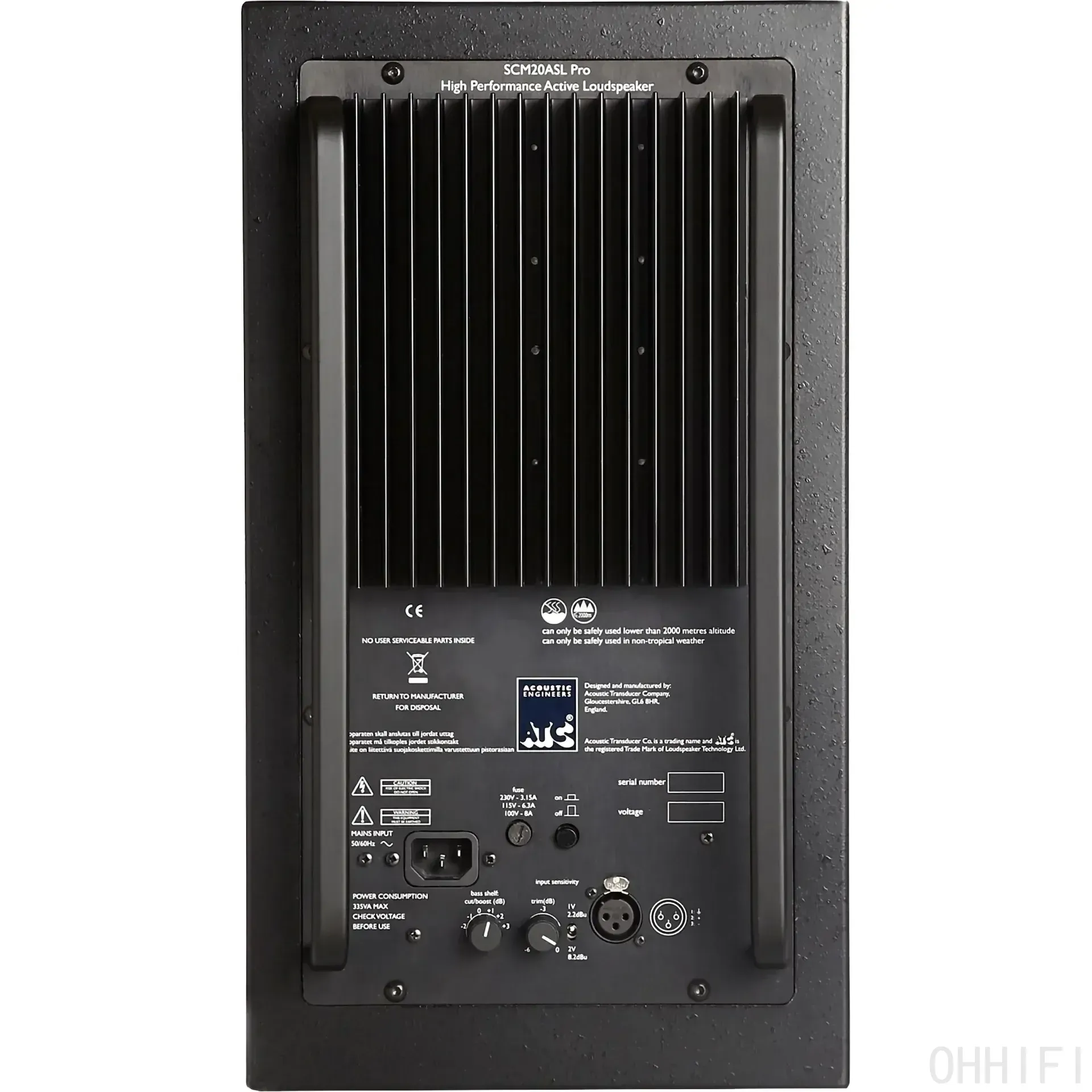 Rear Amp Pack of the ATC SCM20ASL Pro: finned heatsink, IEC mains input, on/off switch, balanced XLR, bass and trim dials.
