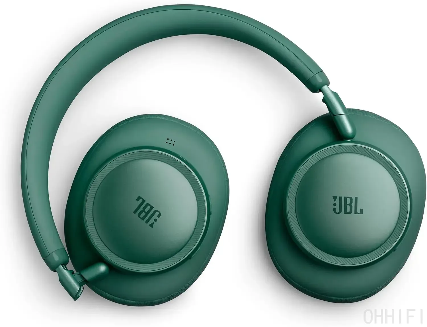 JBL Live 780NC wireless headphones in green, laid flat in top-down view on a white background showing both earcups.