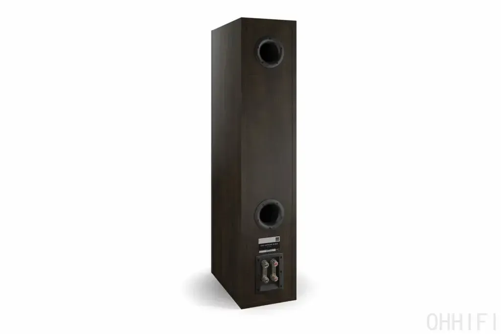 DALI Opticon 8 MK2 rear in Tobacco Oak, showing twin dual-flare reflex ports and bi-wire binding posts