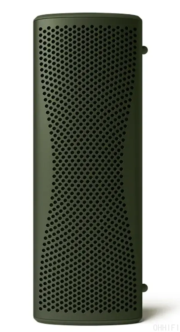 KEF Muo portable Bluetooth speaker in Moss Green shown front-on and upright against a white background, full perforated aluminum grille and tapered wedge profile clearly visible.