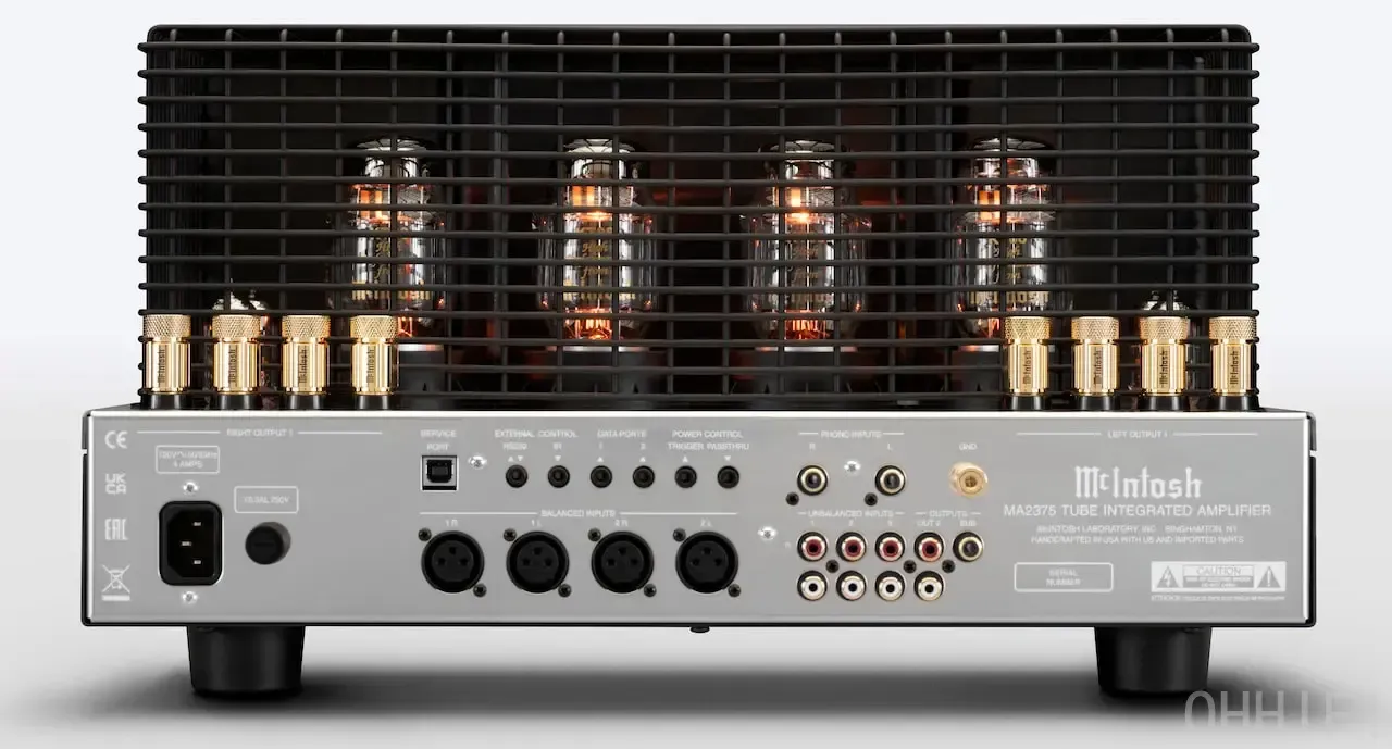 Rear panel of the McIntosh MA2375 tube integrated amplifier with balanced and unbalanced inputs, MM/MC phono and subwoofer output