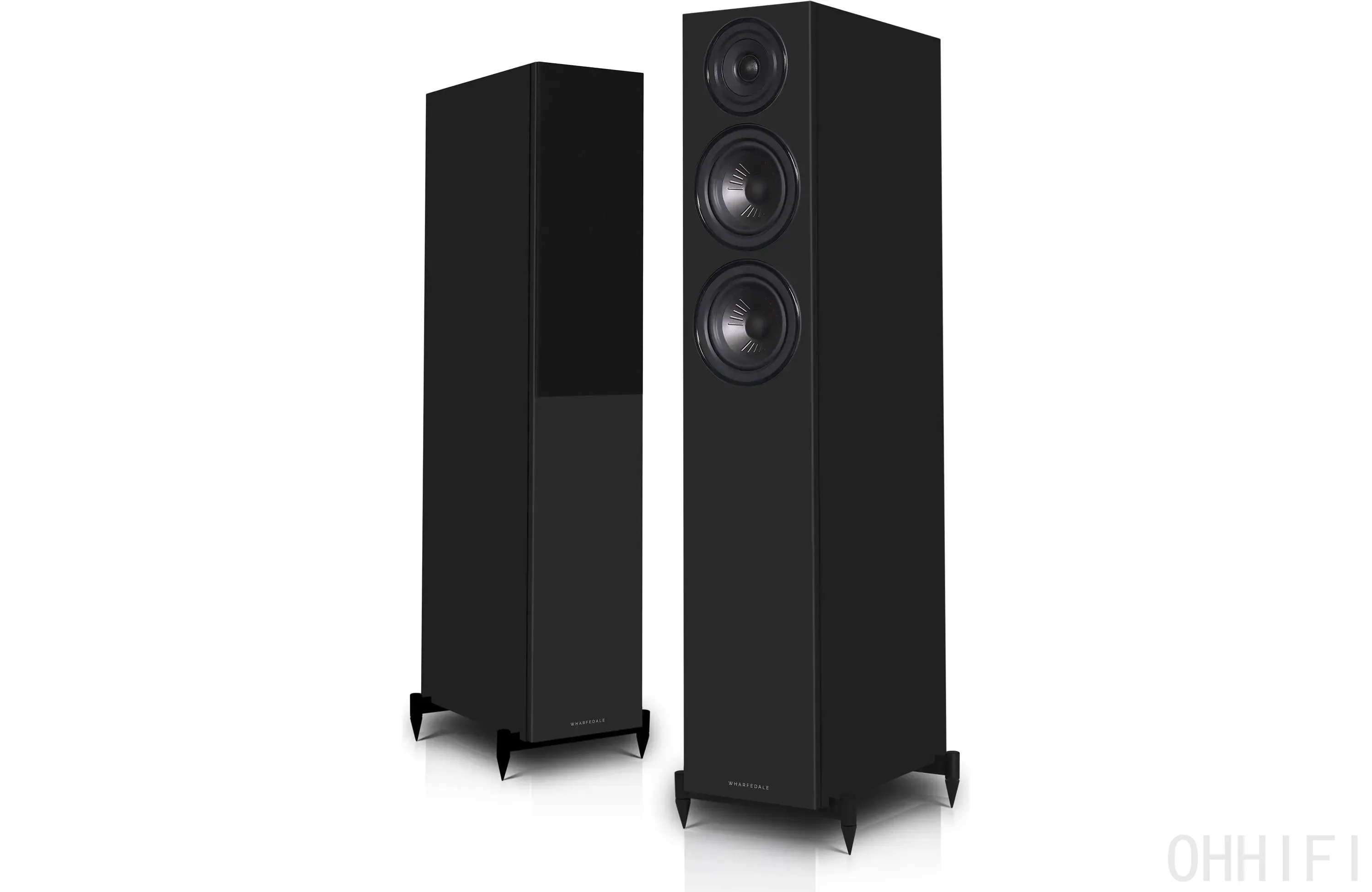 Pair of black Wharfedale Diamond 12.3i floorstanding speakers, one front and one rear angle, on plinth feet, white background