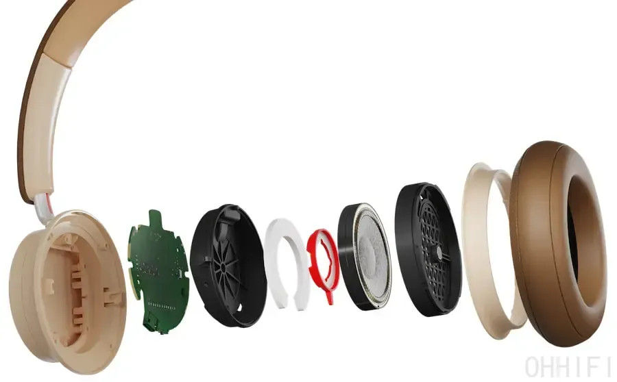 Exploded view of the DALI IO-8 ear cup in Caramel White, showing the layered internals from circuit board to baffle, 50mm paper fibre cone driver, grille and leather ear pad.