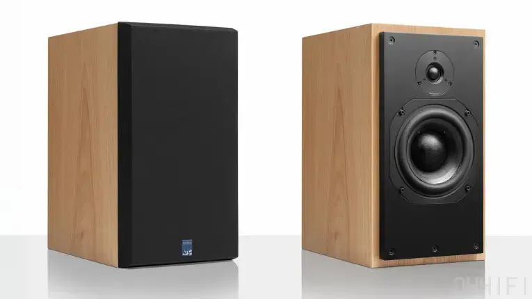 ATC SCM20ASL active standmount speakers in oak veneer, shown grille-on and grille-off side by side on white.