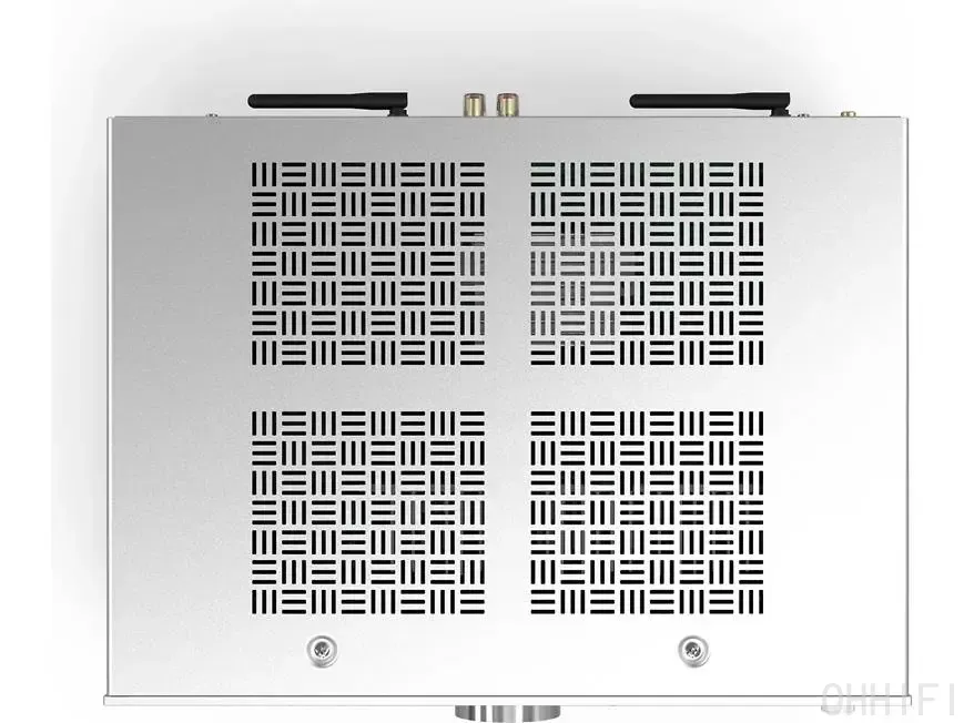 Top-down view of the silver Onkyo Icon A-50 showing its perforated ventilation panel and rear Wi-Fi antennas