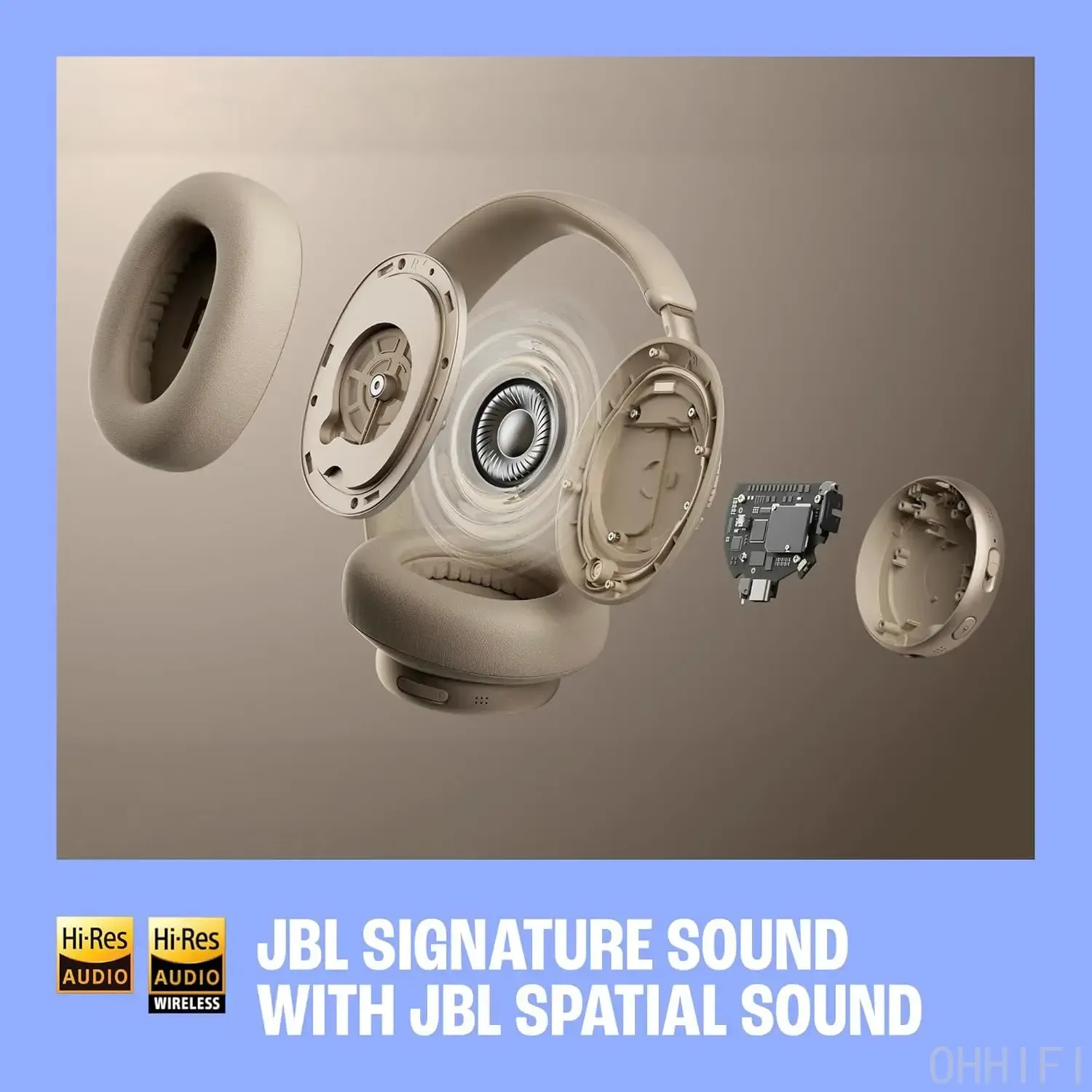 Exploded view of the JBL Live 780NC in champagne, showing the earpad, driver, circuit board and earcup, with Hi-Res Audio badges.